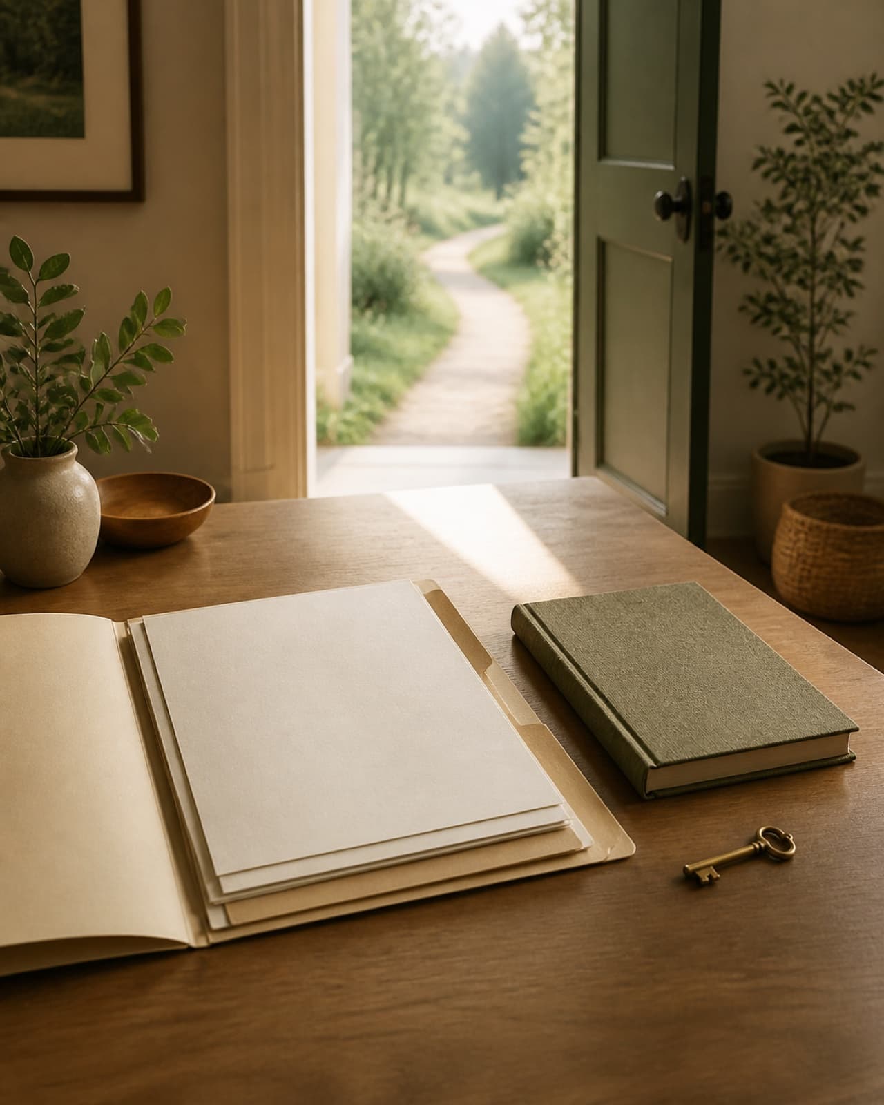 An open folder, notebook, and key beside a doorway leading to a sunlit path