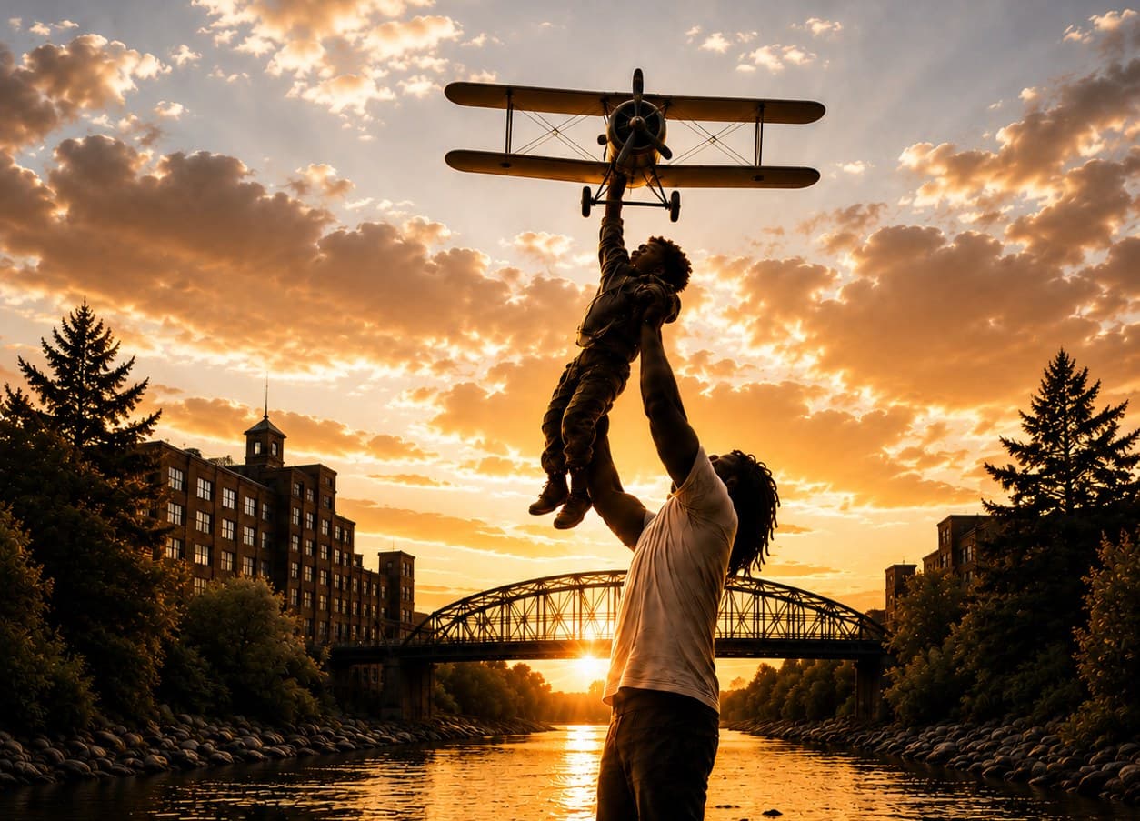 A parent lifting a child toward a model plane at sunset over a Maine river
